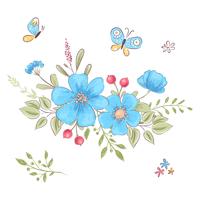 Conjunto de flores silvestres y mariposas. Dibujo a mano. Ilustración vectorial vector