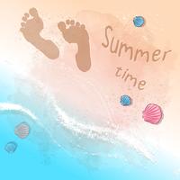 Postcard print beach summer party with footprints on the sand by the sea. Hand drawing style. vector