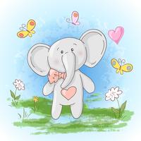 Postcard cute little elephant flowers and butterflies. Cartoon style vector