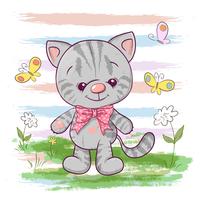 Ilustración de un lindo gato pequeño con flores y mariposas. Estampado para ropa o habitación infantil. vector