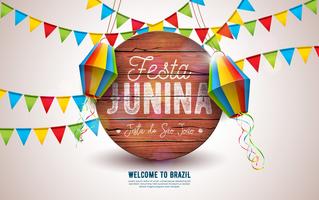 Festa Junina Illustration with Party Flags and Paper Lantern on Yellow Background. Vector Brazil June Festival Design Typography Letter on Vintage Wood Board