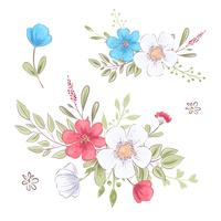 Conjunto de flores silvestres y mariposas. Dibujo a mano. Ilustración vectorial vector