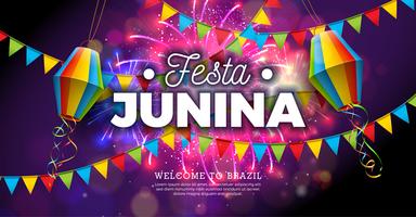 Ilustración de Festa Junina con banderas y linterna de papel sobre fondo de fuegos artificiales. Vector Brasil Junio Festival Diseño