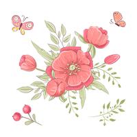 Set of red wildflowers and butterflies. Hand drawing. Vector illustration