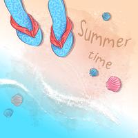 Fiesta de verano en la playa con estampado de tarjetas postales con un sombrero y pizarras en la arena junto al mar. Estilo de dibujo a mano.