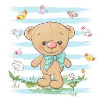 Postcard cute teddy bear flowers and butterflies. Cartoon style vector