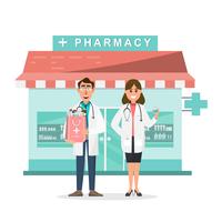 pharmacy with doctor and nurse in front of drugstore vector