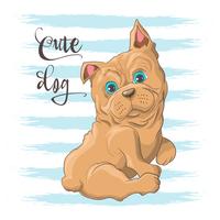 Postcard illustration of a cute little dog bulldog. Print on clothes and children s room vector