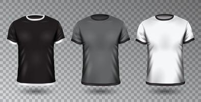 Vector Blank Black, Gray and White T-shirt Mock-Up Clothing Set.