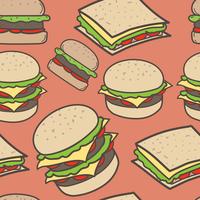 Hand drawn fast food and burgers pattern background. Vector Illustration.	