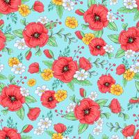 Red poppies and daisies seamless pattern. Hand drawing. Vector illustration
