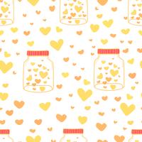 Heart in mason jars pattern background, Pattern with glass jar and heart inside, Love doodle style pattern, Gift wrapping paper background, Vector illustration.