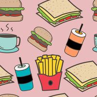Hand drawn fast food and burgers pattern background. Vector Illustration.	