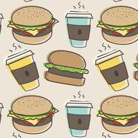 Hand drawn fast food and burgers pattern background. Vector Illustration.	