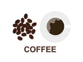 Ilustración de vector de taza de café y granos de café sobre fondo blanco