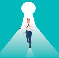 businessman running with key hole the door to business success vector