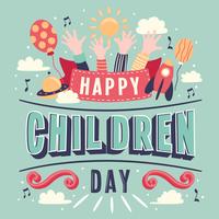 Children's day Hand Lettering vector background. Happy Children's Day. Happy children's day colorful card with children's hands balloon sun - Vector Illustration