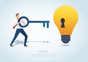 man holding the big key with keyhole on the lightbulb, concept of creative thinking vector