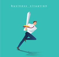 hombre de negocios con la espada corriendo a exitosa, ilustración de vector de situación de concepto de negocio
