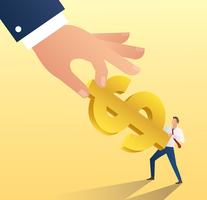 big hand hold dollar icon with businessman. cheat money vector illustration