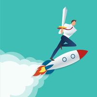 businessman holding sword on the jet rocket, business concept to successful vector illustration