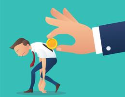 hand holding coin inserting into back of businessman, business concept of pay salary vector illustration