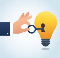 hand holding the big key with keyhole on the lightbulb, concept of creative thinking vector