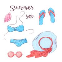 Poster beach accessories on the sand. Vector illustration