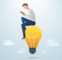 man holding smart phone sitting on light bulb, creative concept vector illustration