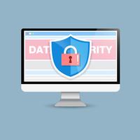 Concept is data security . Shield on Computer Desktop or Labtop protect sensitive data. Internet security. Vector Illustration.or