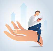 man reading book and sitting on big hand vector illustration