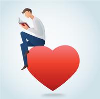 man reading book and sitting on the red heart vector illustration