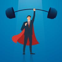 successful businessman with red cape weight lifting vector illustration