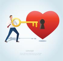 the man holding the big key with keyhole on red heart vector illustration