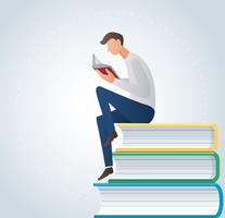 Hombre leyendo libro sentado en muchos libros vector illustration