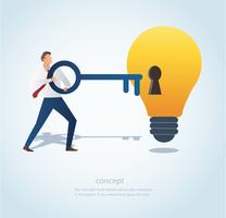 man holding the big key with keyhole on the lightbulb, concept of creative thinking vector