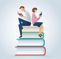 Hombre y mujer leyendo libros sentados en muchos libros, ilustración vectorial vector