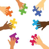 many hands holding colorful puzzle pieces vector