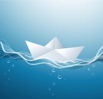 paper boat on the waves, paper boat sailing on blue water surface vector