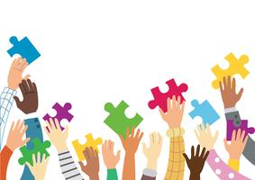 many hands holding colorful puzzle pieces background vector illustration