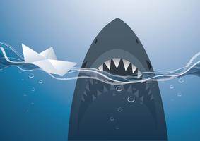 paper boat and shark in the blue sea  background vector illustration