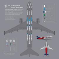 Conjunto de avión con mapa de asiento aislado ilustración vectorial