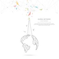 Conexión de red global, puntos de conexión de polietileno bajo y líneas con fondo de mapa mundial vector