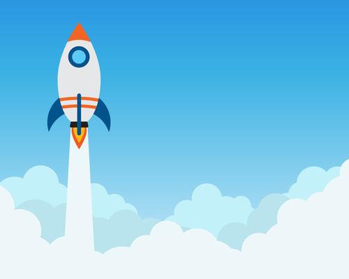 Rocket launch flying over cloud - concept of business start up banner 
