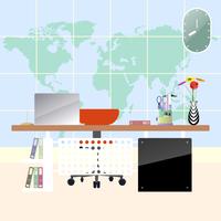 Illustration of flat modern workplace in room. Creative office workspace with map background. vector