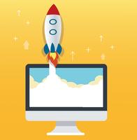 the rocket icon and computer yellow background, startup business concept illustration vector