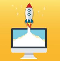 the rocket icon and computer yellow background, startup business concept illustration   vector