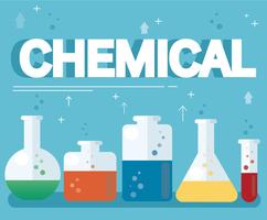 chemical text and colorful laboratory filled with a clear liquid and blue background 