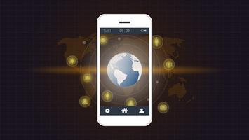 Smart phone screen with Global network connection background. vector