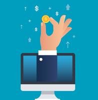 hand holding dollar coin through computer vector illustration, business concept